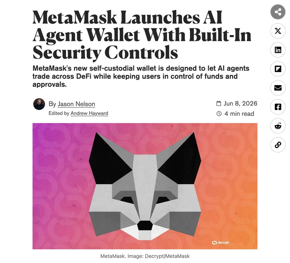 MetaMask Launches AI Agent Wallet With Built-In Security Controls
MetaMask's new self-custodial wallet is designed to let AI agents trade across DeFi while keeping users in control of funds and approvals 
By Jason Nelson, Decrypt