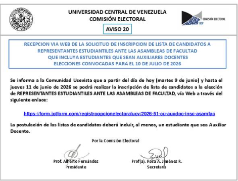 ComisionElecUcv's tweet photo. De acuerdo a lo publicado en el cronograma de eventos puntuales (Boletín 016-2026) A partir de el dia 9/6/26 se abrió el lapso de recepción vía web de solicitud de inscripción de listas de candidatos afectados por decisión de CU Consultar : https://t.co/Ho4nkXGCh1 https://t.co/MVEccLeUWw