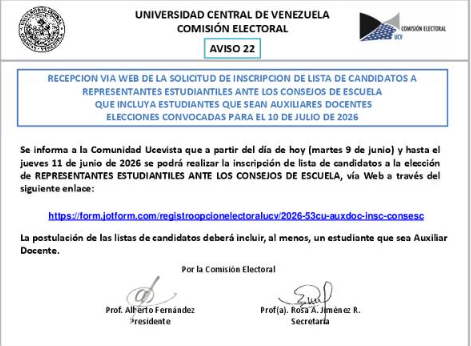 ComisionElecUcv's tweet photo. De acuerdo a lo publicado en el cronograma de eventos puntuales (Boletín 016-2026) A partir de el dia 9/6/26 se abrió el lapso de recepción vía web de solicitud de inscripción de listas de candidatos afectados por decisión de CU Consultar : https://t.co/Ho4nkXGCh1 https://t.co/MVEccLeUWw