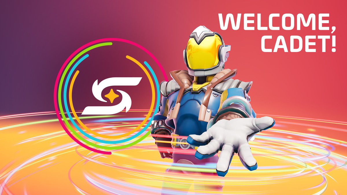 A screenshot of Captain Jupiter saying "Welcome, Cadet!" in front of the STARSEEKER logo.