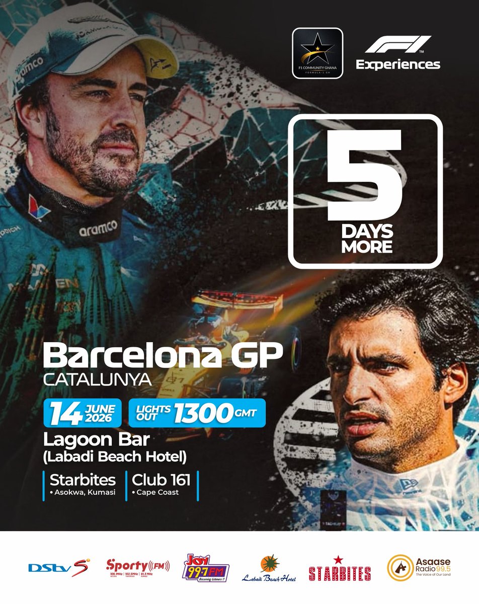 f1ghana_'s tweet photo. 5 days to Barcelona.
🏎️ Spanish GP | 14 June
🕑 1300 GMT
📍 Lagoon Bar @LabadiBeach Hotel · Starbites Asokwa Kumasi · Club 161 Cape-Coast 
#SpanishGP #F1Ghana #F1CommunityGhana https://t.co/jgpvnPDtj0