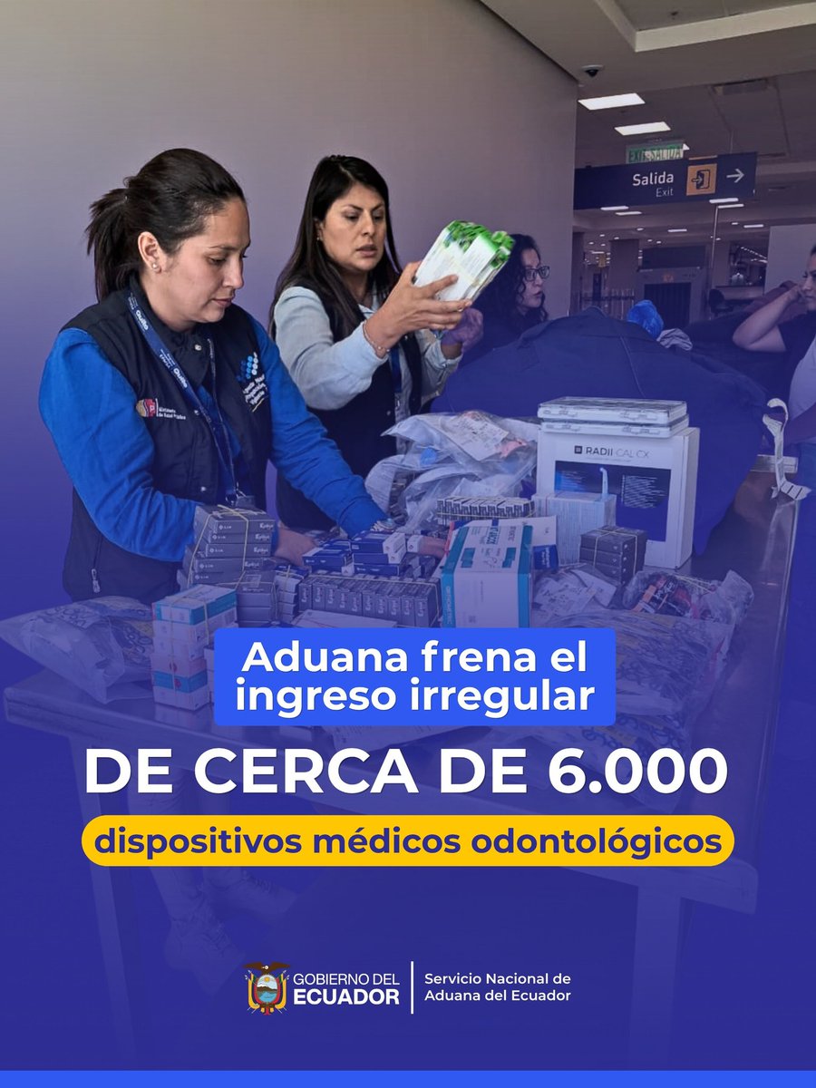 SENAE_Aduana's tweet photo. ✈️🦷 Como resultado de los controles permanentes que ejecutamos en el Aeropuerto de Quito, retuvimos cerca de 6.000 dispositivos médicos odontológicos de uso y consumo humano que pretendían ingresar de forma irregular al país desde Brasil.
🔎 La mercancía fue detectada durante las inspecciones a pasajeros y equipaje en la sala de arribo internacional, en una acción coordinada con ARCSA, entidad que brindó apoyo técnico en el marco de sus competencias.
🇪🇨 Con estas acciones, fortalecemos el control en frontera, protegemos la salud pública y combatimos el ingreso irregular de mercancías que afectan al comercio formal y a la seguridad de los ciudadanos.
#LuchaContraElContrabando