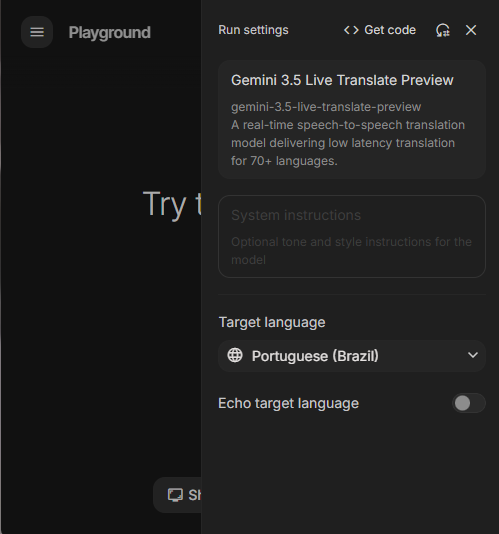 CarlosR26271158's tweet photo. assista àquele documentário esquisito que não contém legenda PT-BR no youtube agora com dublagem instantânea. Vá ao google ai studio. Nessa tela, escolha o novo modelo 3.5 live translate e o idioma-alvo (o modelo escuta qualquer idioma e traduz pro idioma-alvo). Depois, clique em "share audio from tab" e selecione a aba do navegador.