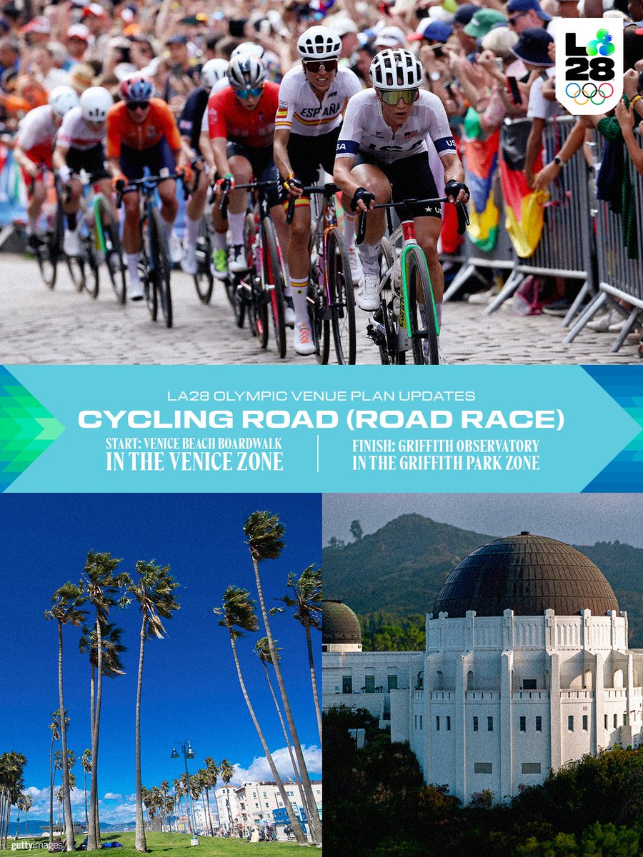 LA28's tweet photo. Seeing stars and sights 👀🔭💫 As part of the latest LA28 venue plan updates, we're amped to announce that the Olympic Road Race courses of Cycling Road will finish at the iconic Griffith Observatory. This LA landmark is nestled on one of the peaks of Griffith Park, offering stunning views of the city skyline and a truly star-studded finish line.

As previously announced, the courses will start at another iconic LA location, the Venice Beach Boardwalk. The official course routes will be unveiled later this year.

Check out the LINK IN BIO to learn more about the latest on LA28 venues.