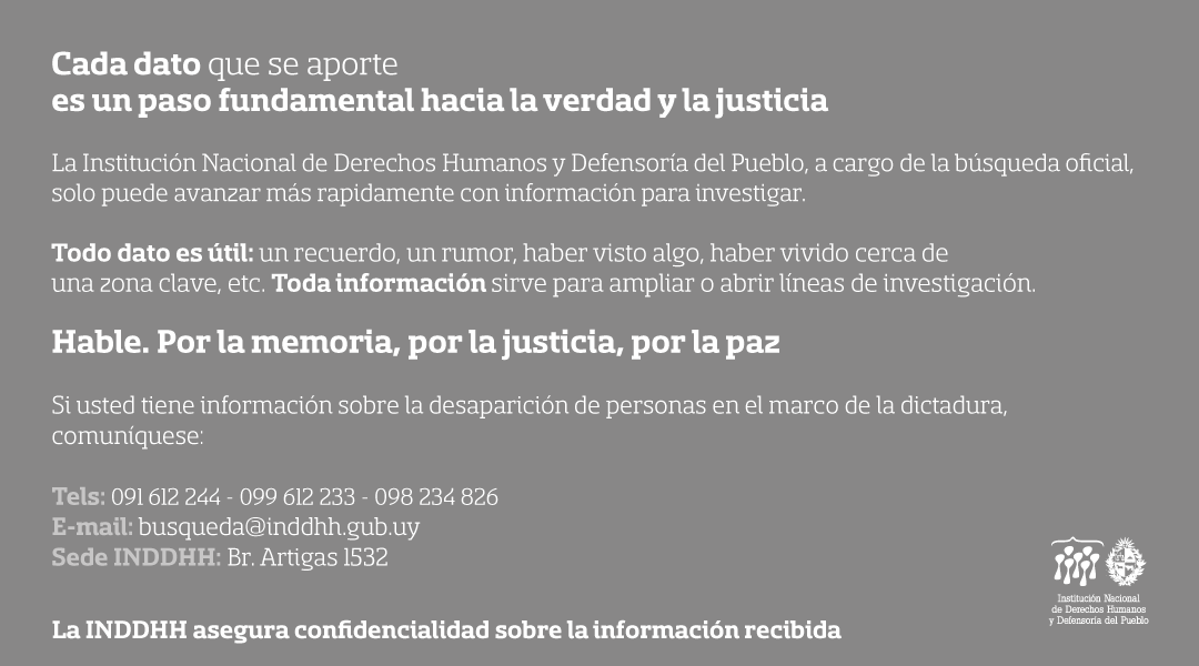 inddhhuy's tweet photo. La @inddhhuy recibe información sobre la desaparición de personas en el marco de la dictadura. Si cuentas con algún dato, comunicate:

📞091612244, 099612233, 098234826
📩 busqueda@inddhh.gub.uy
📍 Bulevar Artigas 1532

Se asegura la confidencialidad sobre la información recibida https://t.co/8ta8moIm4i