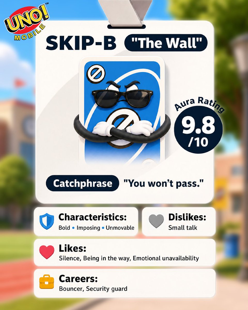 UNOMobileGame's tweet photo. ⏹️ SKIP-B reporting in ⏹️🗿
Who do you know that's a total SKIP-B Card? 😂
💌 Tag them in the comments to receive UNO 4-Star Packs! ✨
#TeamSKIP #UNO
🎁 𝙂𝙧𝙖𝙗 200 𝘾𝙤𝙞𝙣𝙨 & 𝙋𝙡𝙖𝙮 𝙉𝙤𝙬: https://t.co/ge6cvI2MwL https://t.co/BonKchXZSw