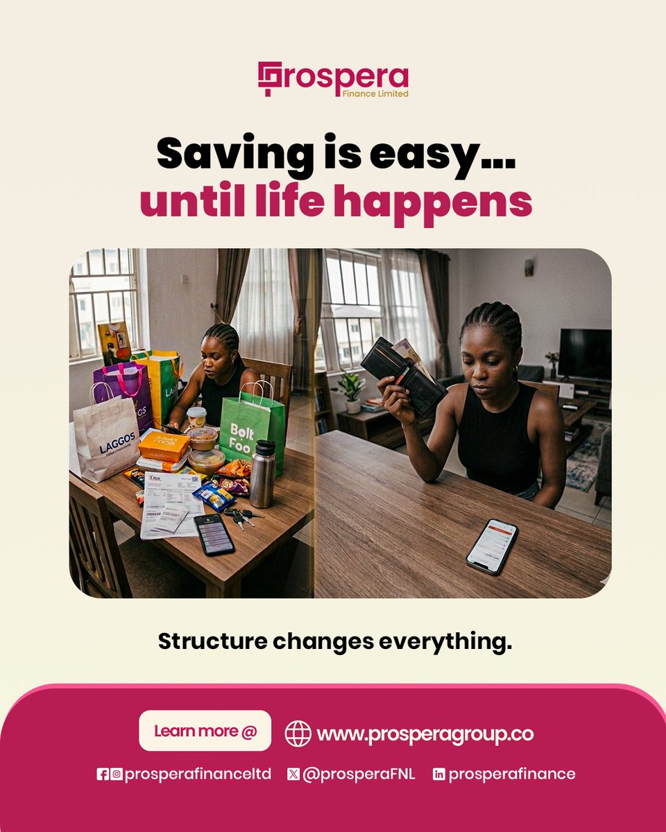 ProsperaFNL's tweet photo. We have all been there: you save, then 'urgent 2k' and other bills show up.
Suddenly, the savings disappear. Maybe discipline is not the problem; maybe you just need a better system.
Switch to a structured plan that protects your goals today. https://t.co/jZsJp3M4pG