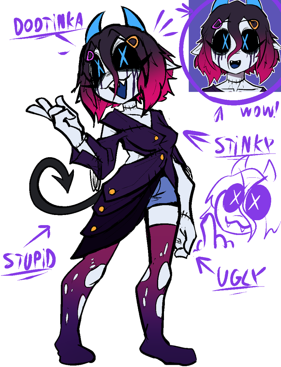 DiddlyDooter's tweet photo. My stupid fucking """Sona""", it's not really a sona, but an OC that just represents my acc hehehehee. If you want to draw her bouncing on it you can!!!! Her name is Dootinka, please be nice to her, she's very neurodivergent. https://t.co/LspFYrRnGO