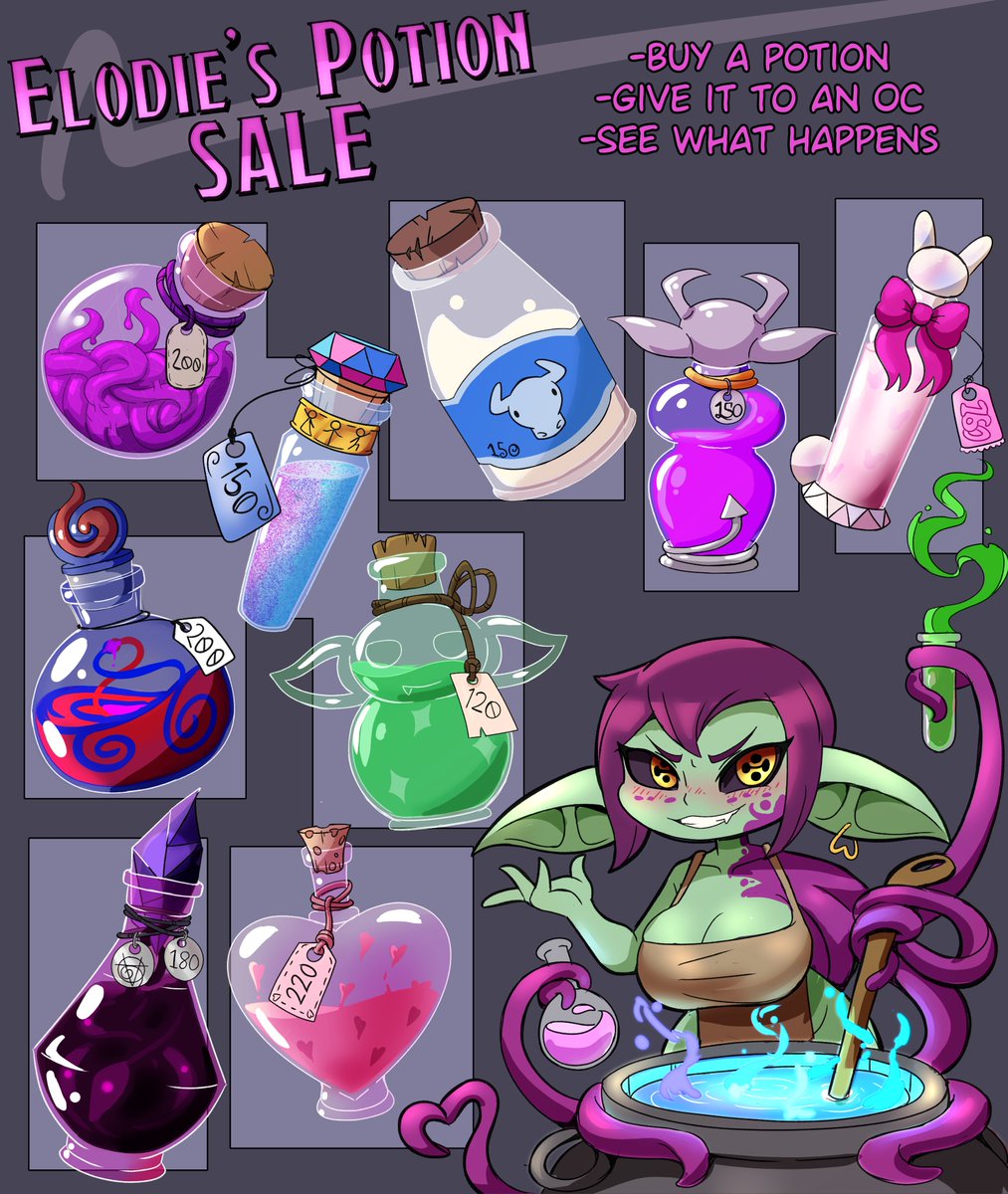 BeachGoblin's tweet photo. YCH COMS!!!

Elodie has something for you all!!!
Buy a potion
Give it to your OC 
See what happens!!! 

Get them before they are gone!!! 
check replays for potion info

DM me if you are interested in buying a potion or for more information.

Inspired by Hufflove's potion pieces. https://t.co/ViiZ2d124j