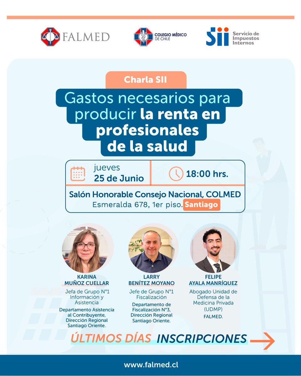 falmedchile's tweet photo. ⏳ 𝐔́𝐥𝐭𝐢𝐦𝐨𝐬 𝐝𝐢́𝐚𝐬 𝐩𝐚𝐫𝐚 𝐢𝐧𝐬𝐜𝐫𝐢𝐛𝐢𝐫𝐭𝐞.

📣 𝗙𝗔𝗟𝗠𝗘𝗗 y el 𝗦𝗲𝗿𝘃𝗶𝗰𝗶𝗼 𝗱𝗲 𝗜𝗺𝗽𝘂𝗲𝘀𝘁𝗼𝘀 𝗜𝗻𝘁𝗲𝗿𝗻𝗼𝘀 invitan a médicas y médicos , a participar de una jornada especialmente diseñada para abordar dudas tributarias relacionadas con el ejercicio profesional, la cual será realizada de 𝗺𝗮𝗻𝗲𝗿𝗮 𝗽𝗿𝗲𝘀𝗲𝗻𝗰𝗶𝗮𝗹 en dependencias del @colmed_chile

📌 "𝗚𝗮𝘀𝘁𝗼𝘀 𝗻𝗲𝗰𝗲𝘀𝗮𝗿𝗶𝗼𝘀 𝗽𝗮𝗿𝗮 𝗽𝗿𝗼𝗱𝘂𝗰𝗶𝗿 𝗹𝗮 𝗿𝗲𝗻𝘁𝗮 𝗲𝗻 𝗽𝗿𝗼𝗳𝗲𝘀𝗶𝗼𝗻𝗮𝗹𝗲𝘀 𝗱𝗲 𝗹𝗮 𝘀𝗮𝗹𝘂𝗱"

💡 Conoce qué gastos pueden ser acreditados, cuáles son los criterios aplicables al ejercicio de la profesión médica y resuelve tus consultas directamente con profesionales del SII y abogados de FALMED.

🗓️ Jueves 25 de junio
🕕 18:00 horas
📍 Salón Honorable Consejo Nacional COLMED
Esmeralda 678, Santiago.

👥 Exponen 𝗞𝗮𝗿𝗶𝗻𝗮 𝗠𝘂𝗻̃𝗼𝘇 𝗖𝘂𝗲𝗹𝗹𝗮𝗿 𝘆 𝗟𝗮𝗿𝗿𝘆 𝗕𝗲𝗻𝗶́𝘁𝗲𝘇 𝗠𝗼𝘆𝗮𝗻𝗼, del Servicio de Impuestos Internos, junto a 𝗙𝗲𝗹𝗶𝗽𝗲 𝗔𝘆𝗮𝗹𝗮 𝗠𝗮𝗻𝗿𝗶́𝗾𝘂𝗲𝘇, abogado de UDMP de FALMED.

📲 Inscríbete escaneando el código QR o directamente AQUÍ: https://t.co/6IqbdXDGlz 

@colmedchile
@SII_Chile 

#FALMED #SII #ColegioMédico #Médicos #Tributación #EjercicioProfesional #CapacitaciónFALMED #SaludChile