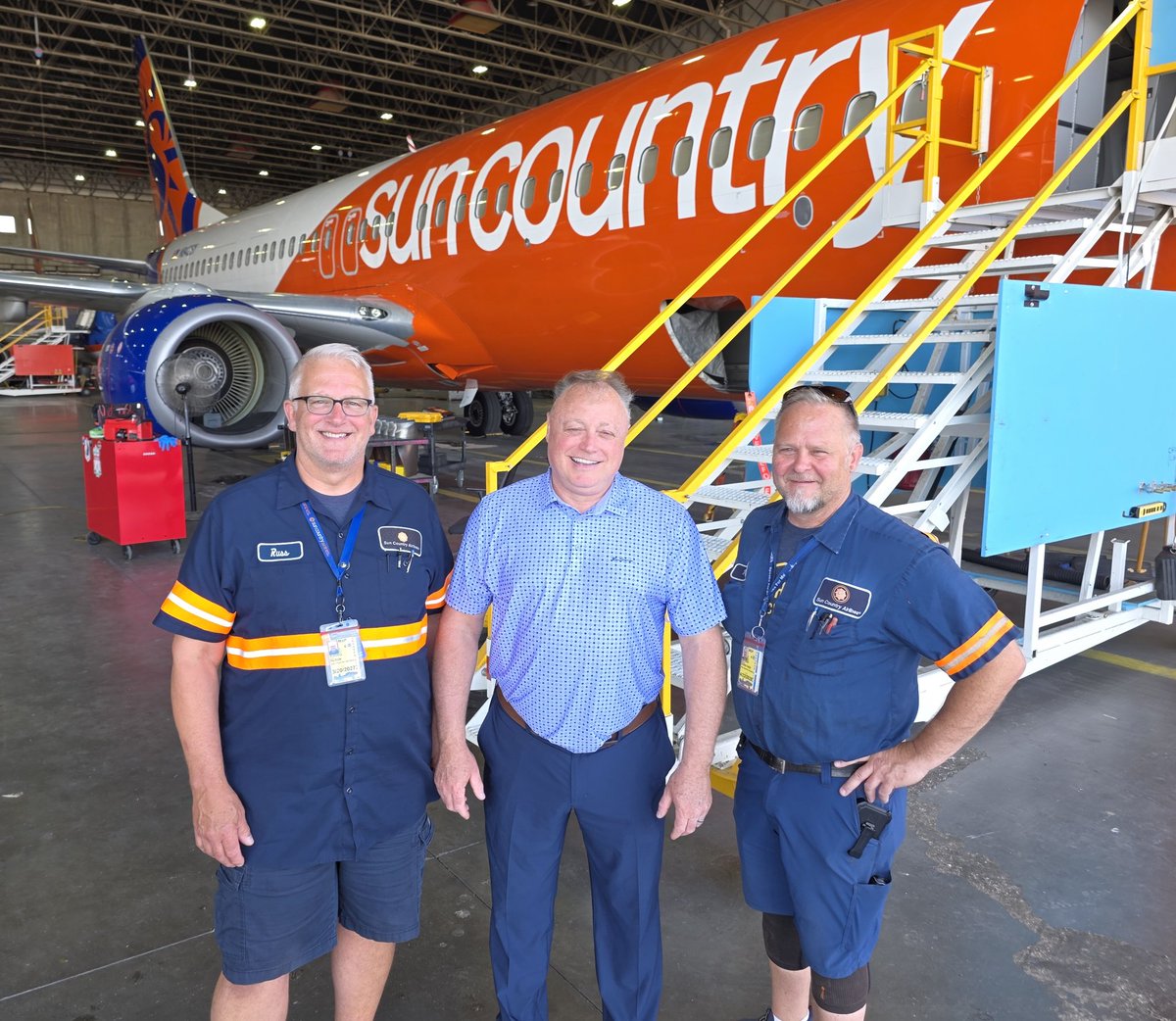 amfa_national's tweet photo. Today, AMFA National President Bret Oestreich and National Secretary-Treasurer Rui Leonardo had a quick visit at the Sun Country Airlines maintenance hangar in MSP. We spent a short time on the floor listening to aircraft maintenance technicians and related professionals about safety, staffing, and how our first collective bargaining agreement is being implemented in the real world. 

Thank you to our Sun Country members for sharing candid feedback and for the critical work you do every day to keep the operation running. Their expertise keeps passengers safe and our industry moving, and visits like this help ensure their voices stay front and center.