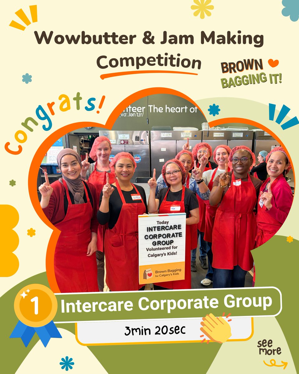 BrownBaggingIt's tweet photo. 🥪🏆 We have a champion!

Congratulations to Intercare Corporate Group, winners of our Brown Bagging It Wowbutter &amp; Jam-Making Competition, with an impressive time of 3:20! 🎉

Swipe through to see the competition in action!

#BB4CK #BrownBaggingIt #Volunteer #Teamwork #YYC https://t.co/TFlSyt652a