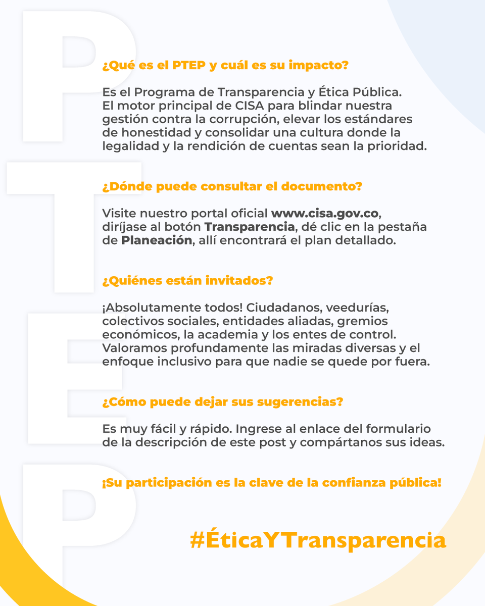 CISA_CENTRAL's tweet photo. En CISA trabajamos por una gestión transparente y ética. Por eso, lo invitamos a consultar nuestro Programa de Transparencia y Ética Pública (PTEP) y compartir sus sugerencias.
📄 Consulte el documento en https://t.co/u6rgWAma8E
📝 Déjenos sus aportes aquí https://t.co/lUnkWUjIZV https://t.co/iSsSuSLW8E