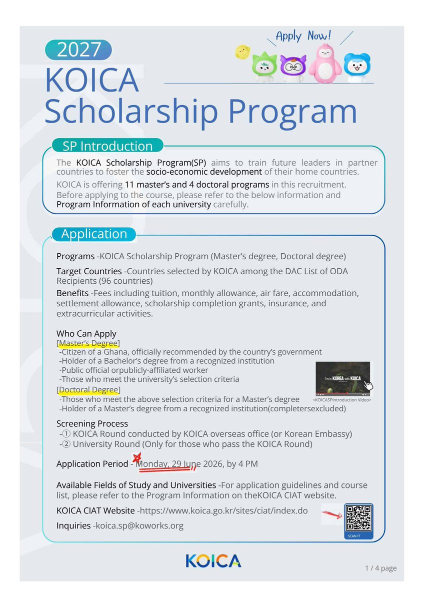 gyina_yie's tweet photo. 🎓 Applications Open for the 2027 KOICA Scholarship Program

KOICA Ghana Office is pleased to invite applications from Ghanaian government officials for the 2027 KOICA Scholarship Program (Master's & Doctoral Degree)

This scholarship provides an opportunity to pursue graduate studies at leading universities in the Republic of Korea while developing professional expertise, expanding international networks, and enhancing leadership capacity.

📅 Application Deadline: 29 June 2026

Interested applicants are encouraged to:

1️⃣ Confirm their application with the designated focal point in their ministry or institution.

2️⃣ Submit all required documents to KOICA Ghana Office via the Google Form before the deadline:
https://t.co/2zBEUKJQj7

📄 Detailed program information and application guidelines:
https://t.co/DOvOmQ1a4t

Through the KOICA Scholarship Program, participants gain advanced knowledge and skills that contribute to Ghana's sustainable development and institutional capacity building.

We encourage qualified candidates to apply and join a growing network of leaders driving positive change in Ghana.

#Korea #KOICA #KoreaGhanaPartnership #DevelopmentCooperation 

#copied KOICA Ghana Office
