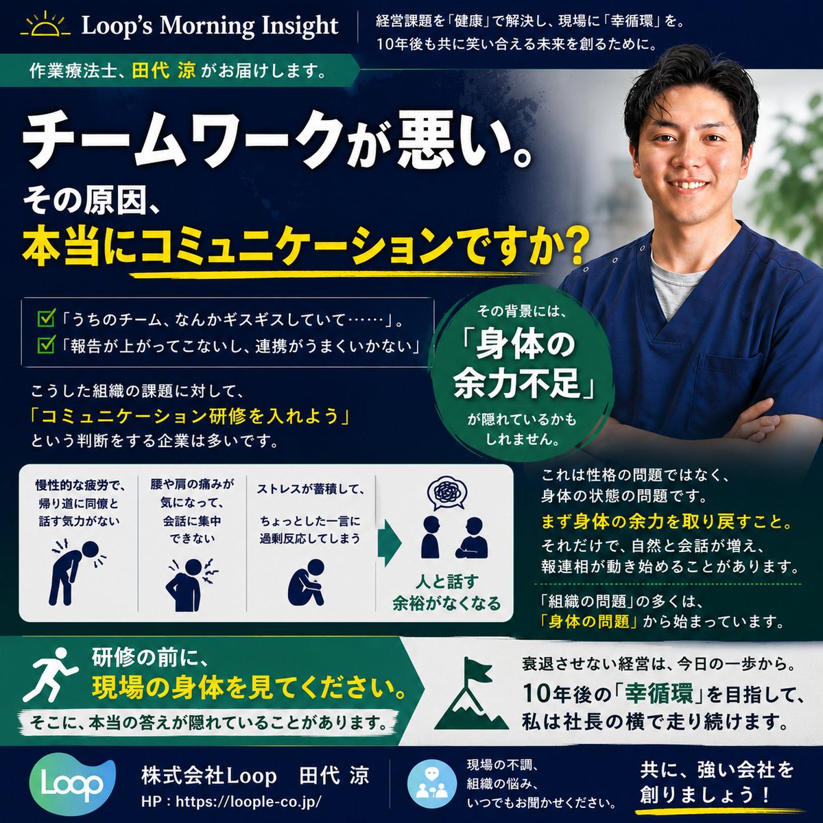 loop_nasu's tweet photo. 【Loop's Morning Insight】

経営課題を「健康」で解決し、現場に「幸循環」を。

10年後も共に笑い合える未来を創るために。

作業療法士、田代 涼がお届けします。

チームワークが悪い、報連相ができていない。その原因を、研修で解決しようとしていませんか。

「うちのチーム、なんかギスギスしていて……」

「報告が上がってこないし、連携がうまくいかない」

こうした組織の課題に対して、

「コミュニケーション研修を入れよう」という判断をする企業は多いです。

研修が悪いわけではありません。

でも、効果が出ない場合、原因は別のところにあることがあります。

「そもそも、現場のスタッフに、人と話す余裕があるか」

身体的・精神的に余裕がない人は、コミュニケーションが苦手になります。

余力がない状態では、「相手のことを考える」が後回しになるからです。

・慢性的な疲労で、帰り道に同僚と話す気力がない

・腰や肩の痛みが気になって、会話に集中できない

・ストレスが蓄積して、ちょっとした一言に過剰反応してしまう

これは性格の問題ではなく、身体の状態の問題です。

まず身体の余力を取り戻すこと。

それだけで、自然と会話が増え、報連相が動き始めることがあります。

「組織の問題」の多くは、「身体の問題」から始まっています。

研修の前に、現場の身体を見てください。

そこに、本当の答えが隠れていることがあります。

衰退させない経営は、今日の一歩から。

10年後の「幸循環」を目指して、私は社長の横で走り続けます。

現場の不調、組織の悩み、いつでもお聞かせください。

共に、強い会社を創りましょう。

株式会社Loop　田代 涼

HP：https://t.co/n4WyugIy4W