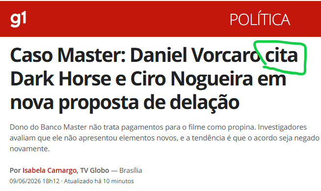 ssicca1's tweet photo. Quando a imprensa é canalha, neste caso, explicitamente, a @globo , ela age assim...

Vorcaro não "citou" Dark Horse, ele disse com todas as letras, na sua nova delação, que não houve irregularidades na doação ao filme Dark Horse. Ponto!

Mas para essa imprensa canalha que manipula e distorce a notícia, ele, Vorcaro, apenas "cita" o filme, e para reforçar a desqualificação buscada, afirma que a PF teria avaliado que não há elementos novos. Aqui, sim, causa estranheza a PF alegar que não há fato novo.

Mas como se trata de desmascrar e ruir com a narrativa que quer associar @FlavioBolsonaro ao banqueiro, aí não vale, né?

Esse país precisa começar do zero!