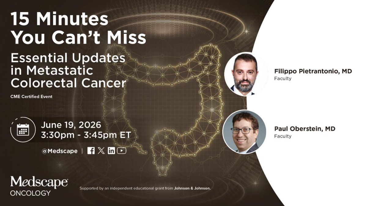 MedscapeOnc's tweet photo. SAVE THE DATE 🗓️

Got 15 mins? Join Dr. Filippo Pietrantonio &amp; Dr. Paul Oberstein to tackle EGFR inhibitor resistance and data for novel regimens to overcome it.

📅 June 19th
⏰ 3:30pm ET
🔗 https://t.co/QnbQCPYVv1

#Oncology #CME https://t.co/c0wVROYgsh