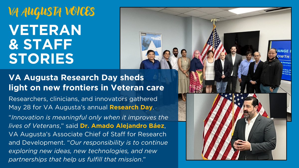 VAAugusta's tweet photo. Researchers, clinicians, and innovators gathered last week at VA Augusta Health Care System’s downtown campus as it celebrated its Research Day, an annual event that spotlights the evolving landscape of Veteran-centered science. This year’s event served as a dynamic meeting point for a diverse group, from local investigators and national experts to trainees and clinicians, all unified by a singular mission: advancing care for Veterans through discovery and collaboration.