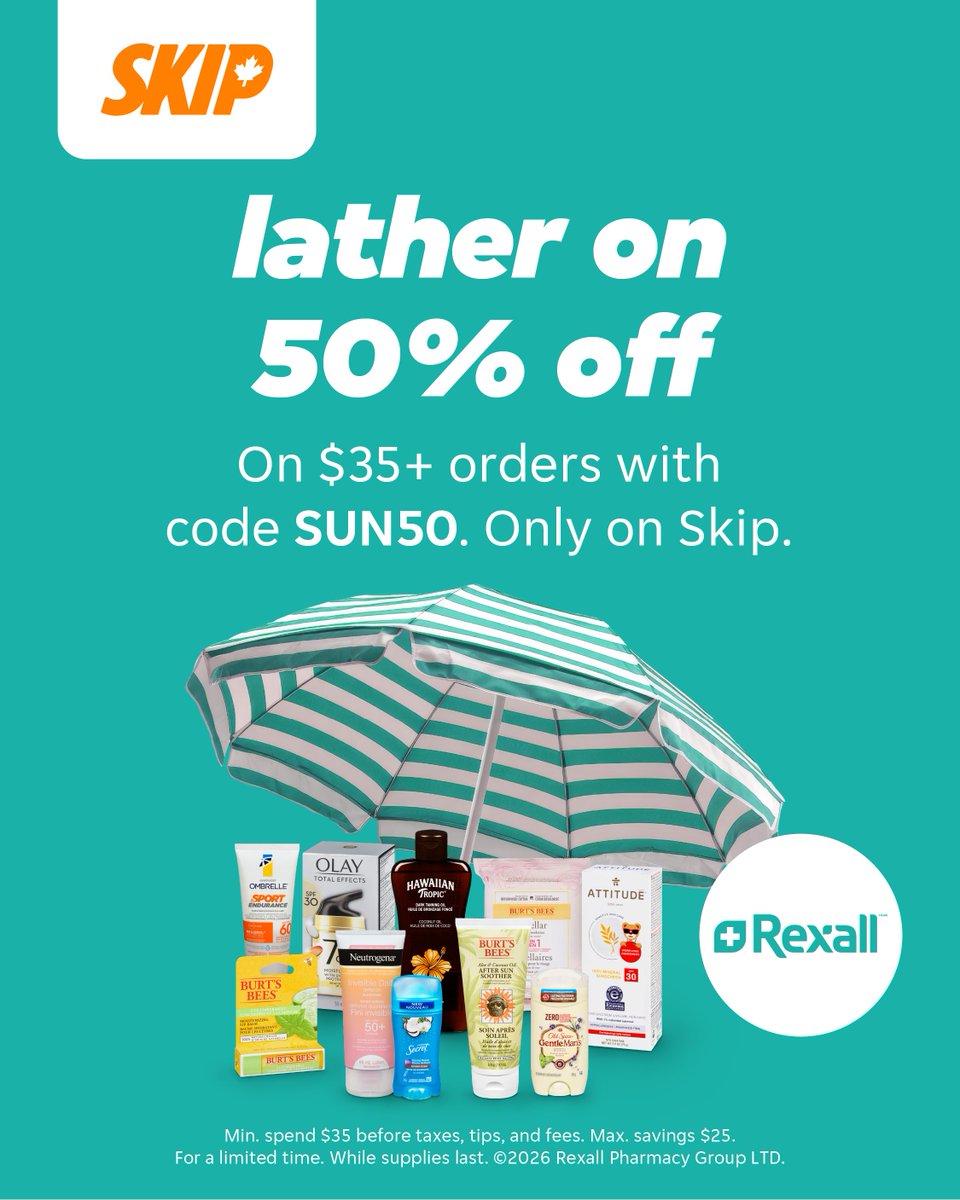 SkipCanada's tweet photo. catch rays and savings, like 50% off $35+ orders from @RexallDrugstore  with code SUN50. only on Skip ☀️ https://t.co/MZDC5L3Gtw