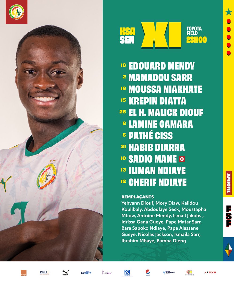 GaindeYi's tweet photo. 📋 Notre onze de départ contre l’Arabie Saoudite. Match à suivre en direct sur la FSF TV. #KSASEN

⏰ Coup d’envoi : 23h00 GMT https://t.co/ORsv8sOBHW