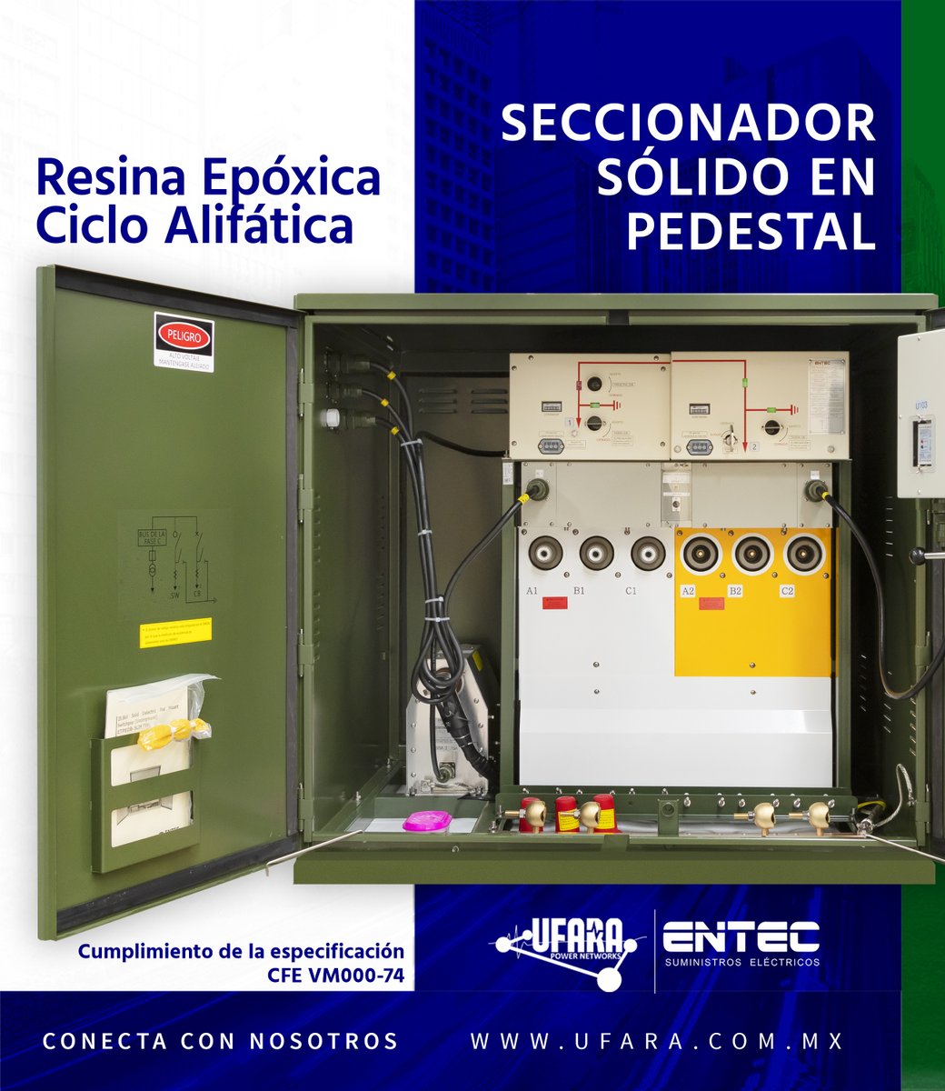 UfaraPower's tweet photo. 🌱⚡ Tecnología verde para redes más confiables.
El Seccionador Sólido en Pedestal de ENTEC elimina el uso de SF6, incorpora telecontrol y ofrece hasta 20 años de vida útil para aplicaciones de media tensión.
🌐 https://t.co/IywWiRMMX3
#MediaTension #ENTEC #Tecnologia #UFARA https://t.co/bEhtIUcTB1