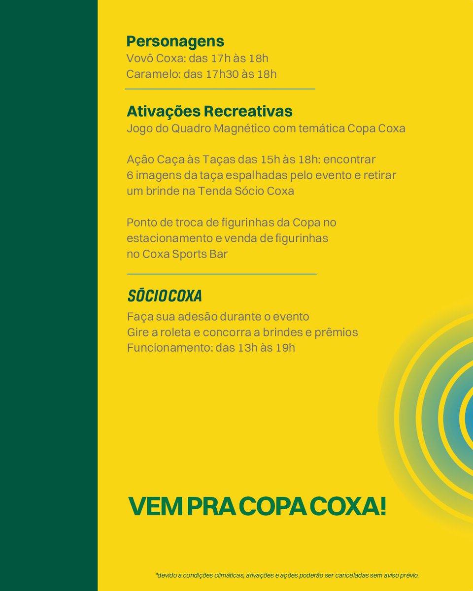 Coritiba's tweet photo. Já é Copa! 🇧🇷

Arraste pro lado e confira todas as atrações da #CopaCoxa para o jogo da nossa seleção e não fique de fora. 

Faça seu check-in, ou resgate seu ingresso, e vem pro Couto bem mais cedo. 😏 https://t.co/3uikITK53W