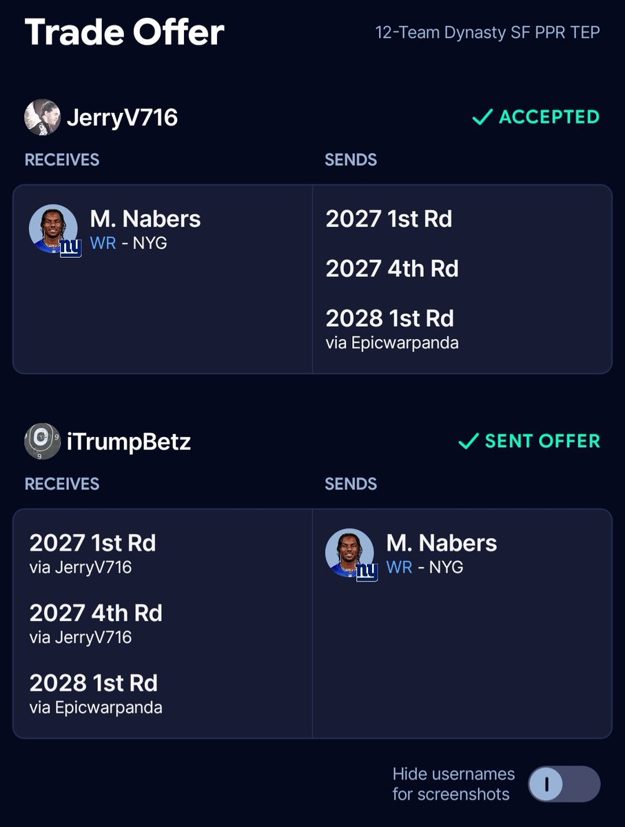 RealRothstein's tweet photo. @FFDynastyTrades This is what I gave up for him right when injury news was announced and I still don't regret it. Anything less than 2 1sts for Nabers is wild. https://t.co/KTL6OgkIQ1