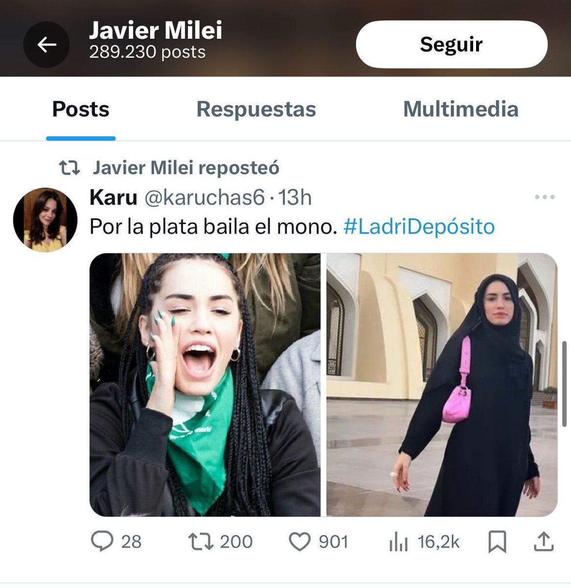madwomarn_'s tweet photo. "Milei nunca la atacó" si, lo hizo, no solo se quiso hacer el gracioso diciéndole "Lali Depósito", sino que también largo una catarata de Likes y RTs contra posteos insultandola y con Fake News en su contra, no se hagan los pelotudos, bah, son bastante pelotudos. https://t.co/cjTueeHxxK