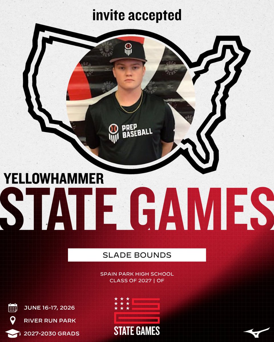 PrepBaseballAL's tweet photo. 𝐈𝐧𝐯𝐢𝐭𝐞 𝐀𝐜𝐜𝐞𝐩𝐭𝐞𝐝 ✅

@Slade_Bounds is headed to the 2026 Yellowhammer State Games this June.

📍 River Run Park | Northport, AL
📅 June 16-17, 2026

Learn more and request your invite below. 👇

🔗: https://t.co/ONiSCArk3z || #YSGames26 https://t.co/PmL4rE17nW