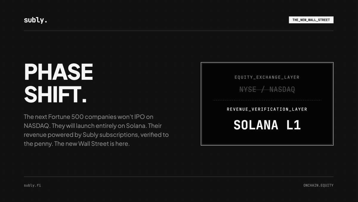 SublyFi's tweet photo. The next Fortune 500 companies won't IPO on NASDAQ. They will launch entirely on Solana.

Their entire revenue model will be powered by Subly subscriptions, cryptographically verified to the absolute penny. 
The new Wall Street is here. 🏙️⬛️