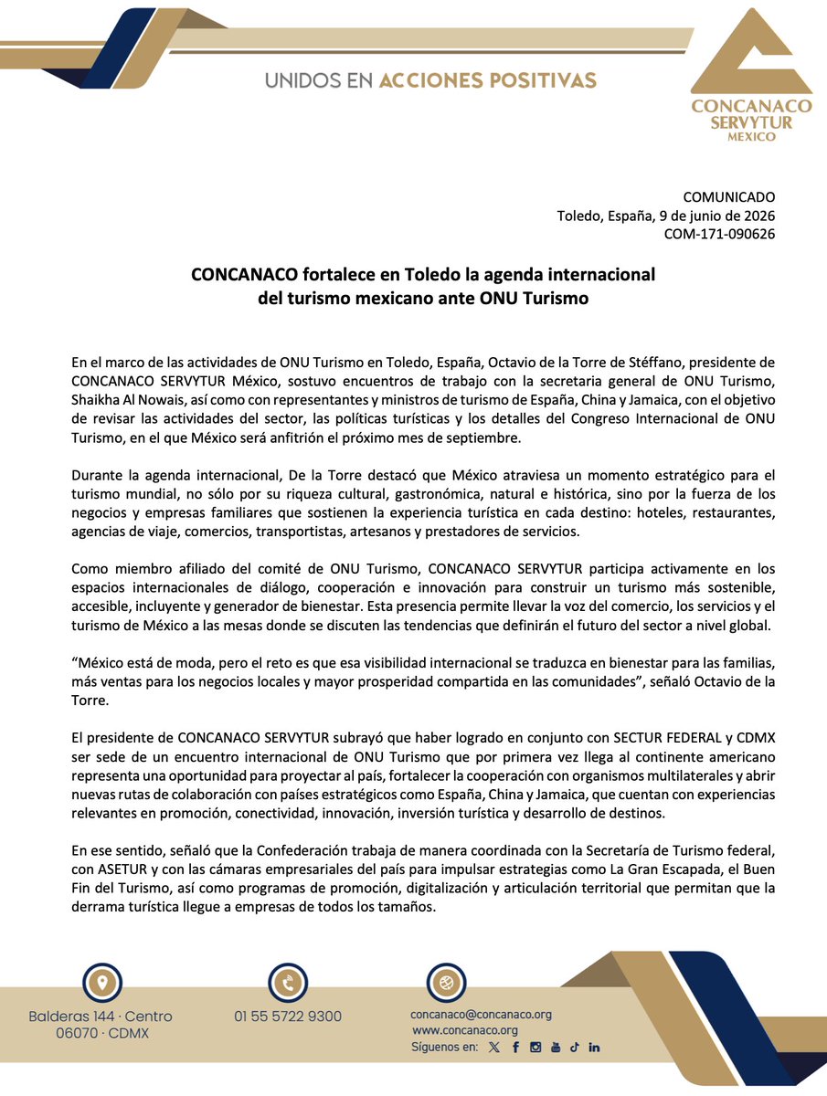 CONCANACO's tweet photo. 📣 Comunicado | CONCANACO fortalece en Toledo la agenda internacional del turismo mexicano ante ONU Turismo 

En el marco de las actividades de ONU Turismo en Toledo, España, Octavio de la Torre de Stéffano, presidente de CONCANACO SERVYTUR México, sostuvo encuentros de trabajo con la secretaria general de ONU Turismo, Shaikha Al Nowais, así como con representantes y ministros de turismo de España, China y Jamaica

📲 Sigue leyendo en: https://t.co/jNQu73bnXH