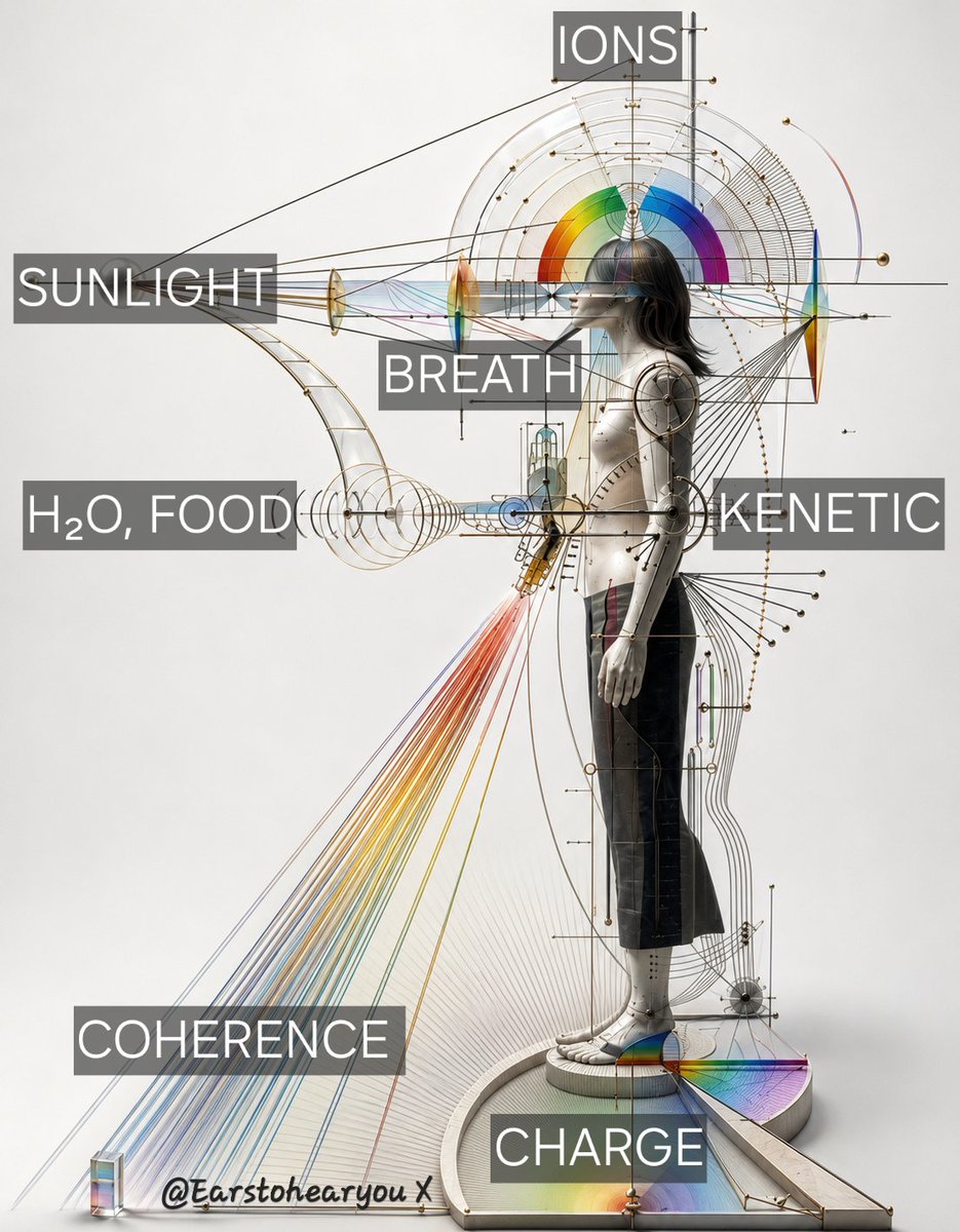 Earstohearyou's tweet photo. The Spectrum of Energy Assimilation in the Human Body

IONS - atmospheric charge
SUNLIGHT - radiant energy
BREATH - O₂ exchange
FOOD & H₂O - biochemical nourishment 
KINETIC - movement and flow 
CHARGE - grounding and electrical potential
COHERENCE - harmonious integration

LIFE is not powered by a single source.

Ions✨️ Light 🔆 Breath 🌬 Water 💧
Motion 🌀 Charge⚡️Coherence 🤍

SEVEN pathways. ONE living system.

HEALTH is not merely the accumulation of energy, but the cultivation of COHERENCE between them all. 🌀

Artwork by Ahn Min Jeong. Enhanced and interpreted by me.