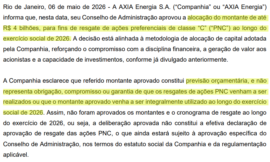 luiskruger's tweet photo. PORRADA DA AXIA!
Acabou de soltar um comunicado sobre o resgate de #AXIA7/conversão pra #AXIA3 e nele deixou claro que o orçamento de 4bi que eles tem pra isso é referente somente ao 1T26.
No FR de 6 de maio a Axia tinha ficado parecendo que era orçamento de 4bi pro ano de 2026, um valor que muita gente achou baixo.
Primeiro que acho que o mercado tava esperando 12bi em devolução de capital ao acionista em 2026, anualizando o valor de hoje dá 16. Ponto positivo.
Segundo que pelo tanto que apanhou no último mês e como fechou horrível hoje, acho que isso não vazou pra ninguém. Outro ponto positivo.
Deve reagir bem amanhã, mas o preço tá amassado. A gestão é ótima, os ativos são únicos e a oportunidade de entrar é essa.
ps: Deixei foto dos dois comunicados pra verem a diferença nas palavras.