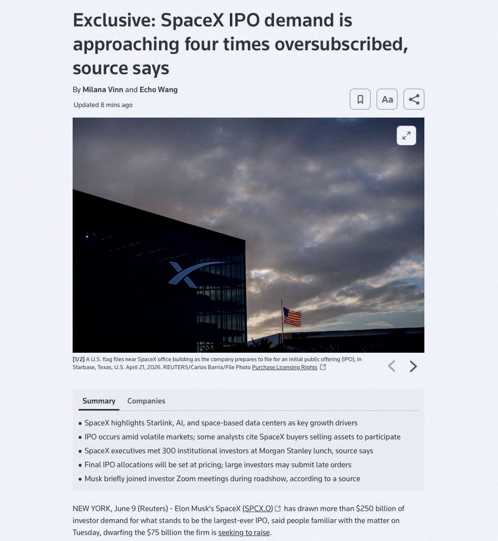rod__s's tweet photo. SpaceX's IPO is already a huge hit — Reuters says investor demand topped $250 BILLION, oversubscribed by about 4x. 

Friday's gonna be crazy 🚀 https://t.co/HILjIm04dt