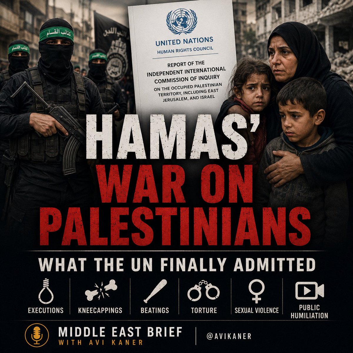 AviKaner's tweet photo. For years, we've been told Hamas is "resistance."

A new UN report documents something different: hundreds of documented cases of brutal torture and executions of Palestinians, including children, by Hamas itself.

Please listen, follow, and share. https://t.co/cx1CDCsVoU https://t.co/agh3eFk5e6