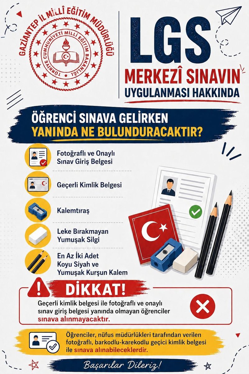 Gaziantep_MEM's tweet photo. 📢LGS Merkezî Sınava Sayılı Günler Kala Sınavın Uygulanması Hakkında!📢 

ÖĞRENCİ SINAVA GELİRKEN YANINDA NE BULUNDURACAKTIR❓⬇️ 

@tcmeb @Yusuf__Tekin @mebodsgm @erdalkilinc27 @gantepvaliligi @kemalcebervali @Dr_Onderarpaci https://t.co/kNpBfFPVHU