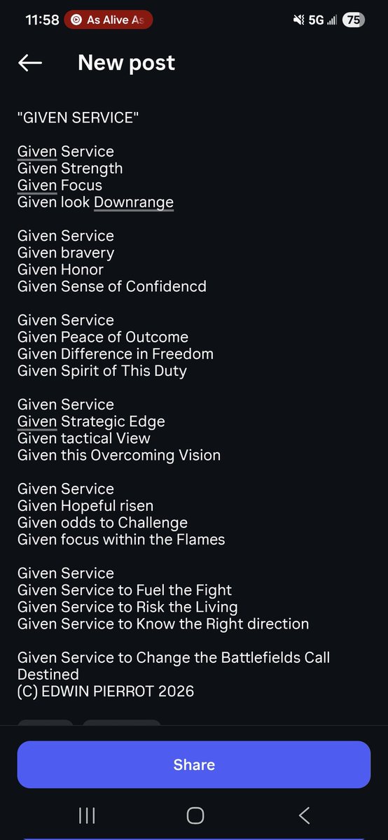 edwinpierrot13's tweet photo. "GIVEN SERVICE"
@CallofDuty @WarzoneMobile
#Poetry #Poem #Songwriting #CountryMusic #Inspiration #Motivation #callofduty #callofdutywarzonemobile #WarzoneMobile #Warzone #gaming #onlinegaming #WZM #SoldierUp #tothebattlefield #nevergiveup #TryYourBest https://t.co/Noeti2HFSq