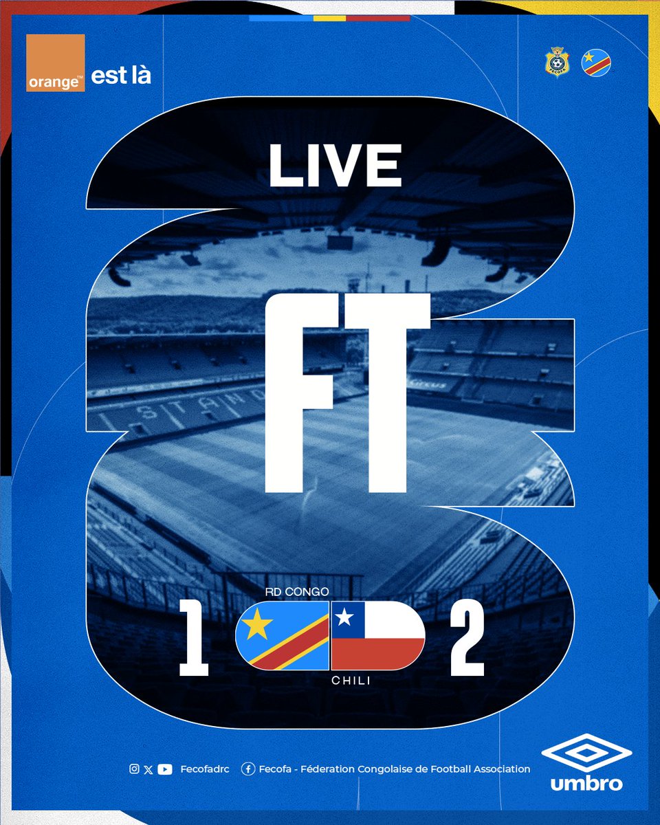 FecofaRdc's tweet photo. 🏁 FIN DU MATCH

🇨🇩 RDC 1️⃣-2️⃣ 🇨🇱 Chili

Les Léopards s'inclinent au terme d'une rencontre engagée face au Chili.

Menés de deux buts en seconde période, les hommes de Sébastien Desabre ont fait preuve de caractère en réduisant le score par Joris Kayembe et en poussant jusqu'au bout pour tenter d'arracher l'égalisation. 🐆💪🏾

Une rencontre riche en enseignements qui vient conclure cette fenêtre internationale de préparation.

#RDCvCHI #FecofaRDC #LesLéopards #AllezLesLéopards #RoadToWorldCup #BendeleEkweyaTe #Team243 🇨🇩🐆