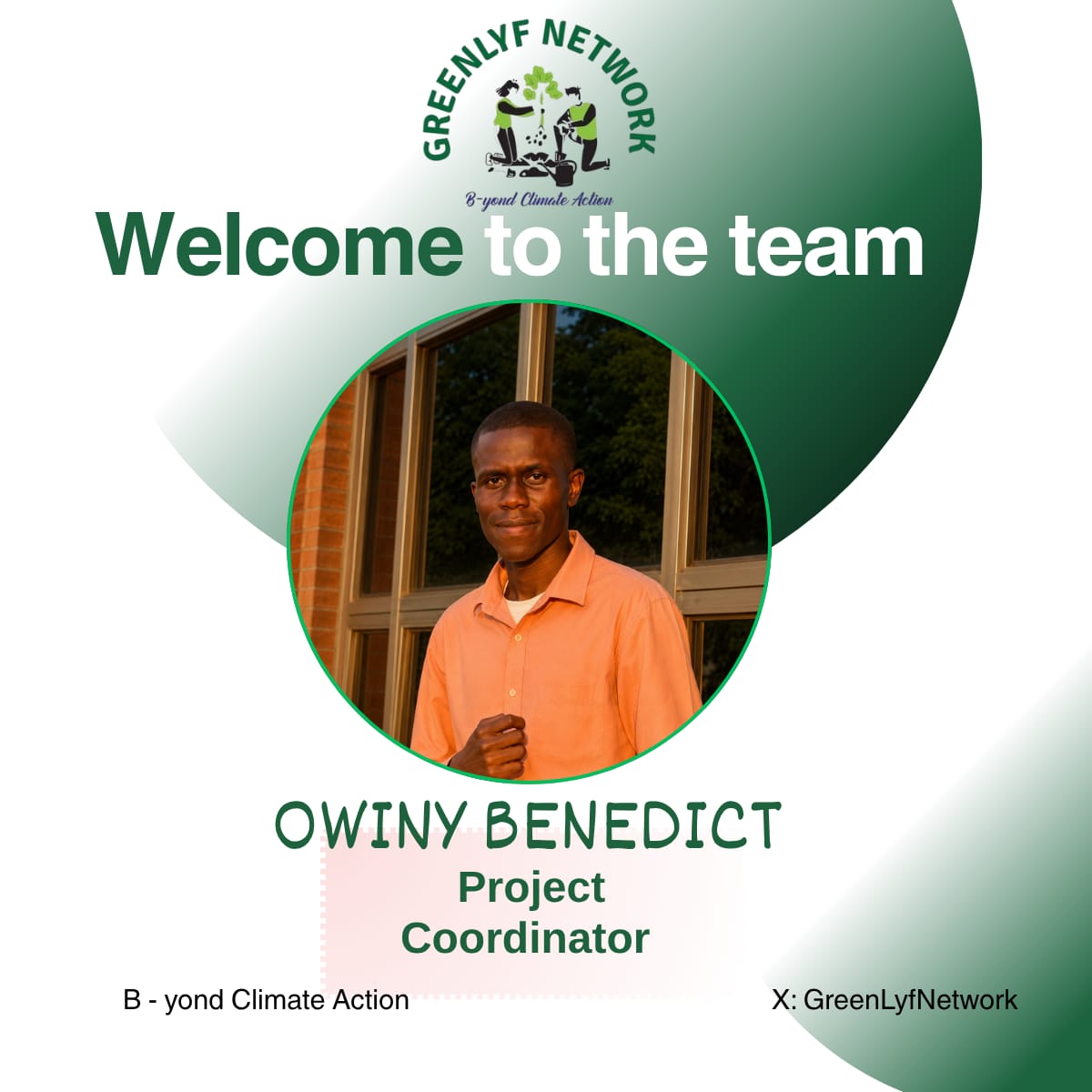 GreenLyfNetwork's tweet photo. Welcome to the team Owiny Benedict 
We look forward to your contribution to the team. https://t.co/uk1x7GKPCV