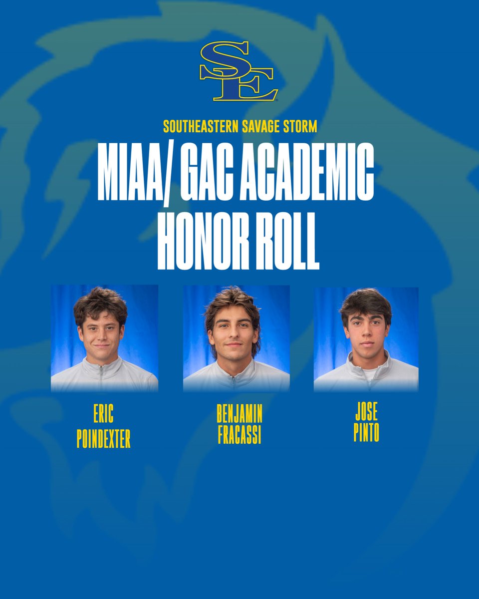 GoSoutheastern's tweet photo. Congratulations to Eric Poindexter, Benjamin Fracassi and Jose Pinto on earning  MIAA/GAC Academic Honor Roll honors‼️

#GoSoutheastern l #TakeCover https://t.co/uvx8xJMLw6
