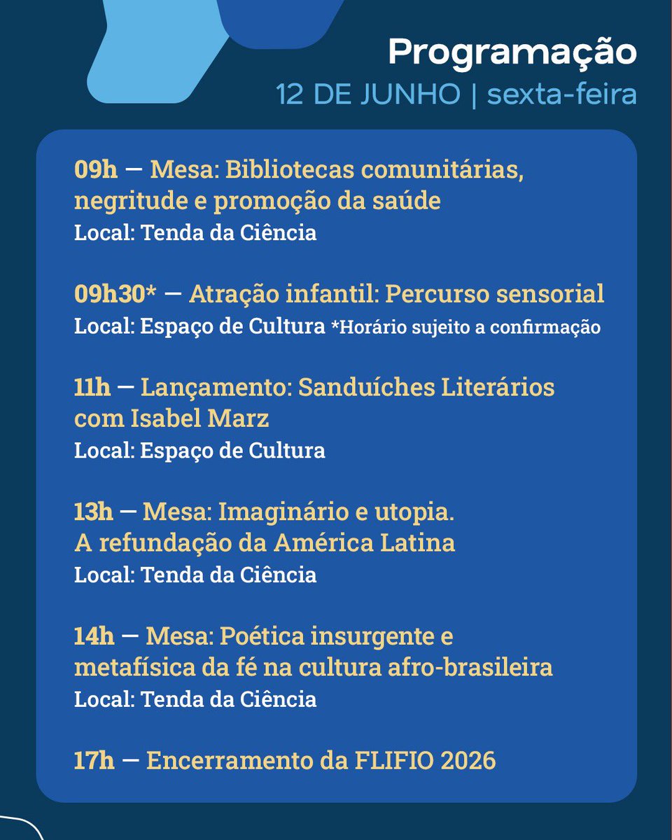 fiocruz's tweet photo. 📚 A programação da FLIFIO 2026 já está disponível!

Serão três dias de encontros que colocam literatura, arte, território e promoção da saúde em diálogo, reunindo escritores, pesquisadores, educadores, artistas e agentes culturais em uma programação gratuita e aberta ao público.

Além das mesas literárias, de debates, apresentações culturais e atrações musicais, a FLIFIO contará com uma Feira de Livros aberta das 8h às 17h, durante os três dias de evento, com títulos voltados ao público infantojuvenil e adulto, incluindo obras literárias, educativas, culturais e formativas. 📖✨

Entre os convidados confirmados estão Conceição Evaristo, Ana Maria Gonçalves, Bárbara Carine, Igor Pires, Dudu Nobre, Rosane Borges, Teresa Cárdenas, Xandy MC, MC Martina, Otávio Junior e muitos outros nomes que estarão conosco construindo diálogos sobre literatura, negritude, educação, cultura e transformação social.

💾 Já salva este post para consultar a programação e marque o @ de quem vai viver essa experiência com você na FLIFIO 2026!
_____

A Flifio é uma realização da Fiocruz em parceria com o Ministério da Igualdade Racial, com coordenação executiva da Cooperação Social da Presidência da Fiocruz, e gestão cultural da Sociedade de Promoção Sociocultural da Fiocruz (SOCULTFio), em parceria com o setor de Eventos da Fiocruz, a Associação dos Servidores da Fundação Oswaldo Cruz (Asfoc) e o Museu da Vida Fiocruz.
O evento conta com o apoio do Ministério Público do Trabalho e patrocínio da Prefeitura da Cidade do Rio de Janeiro, da Secretaria Municipal de Cultura, do IBMR, da Nova Rio, da SBM Offshore e da Rock IT, por meio da Lei Municipal de Incentivo à Cultura – Lei do ISS.

#territóriosperiféricos #flifio #literatura #cultura #fiocruz #festaliterariafiocruz