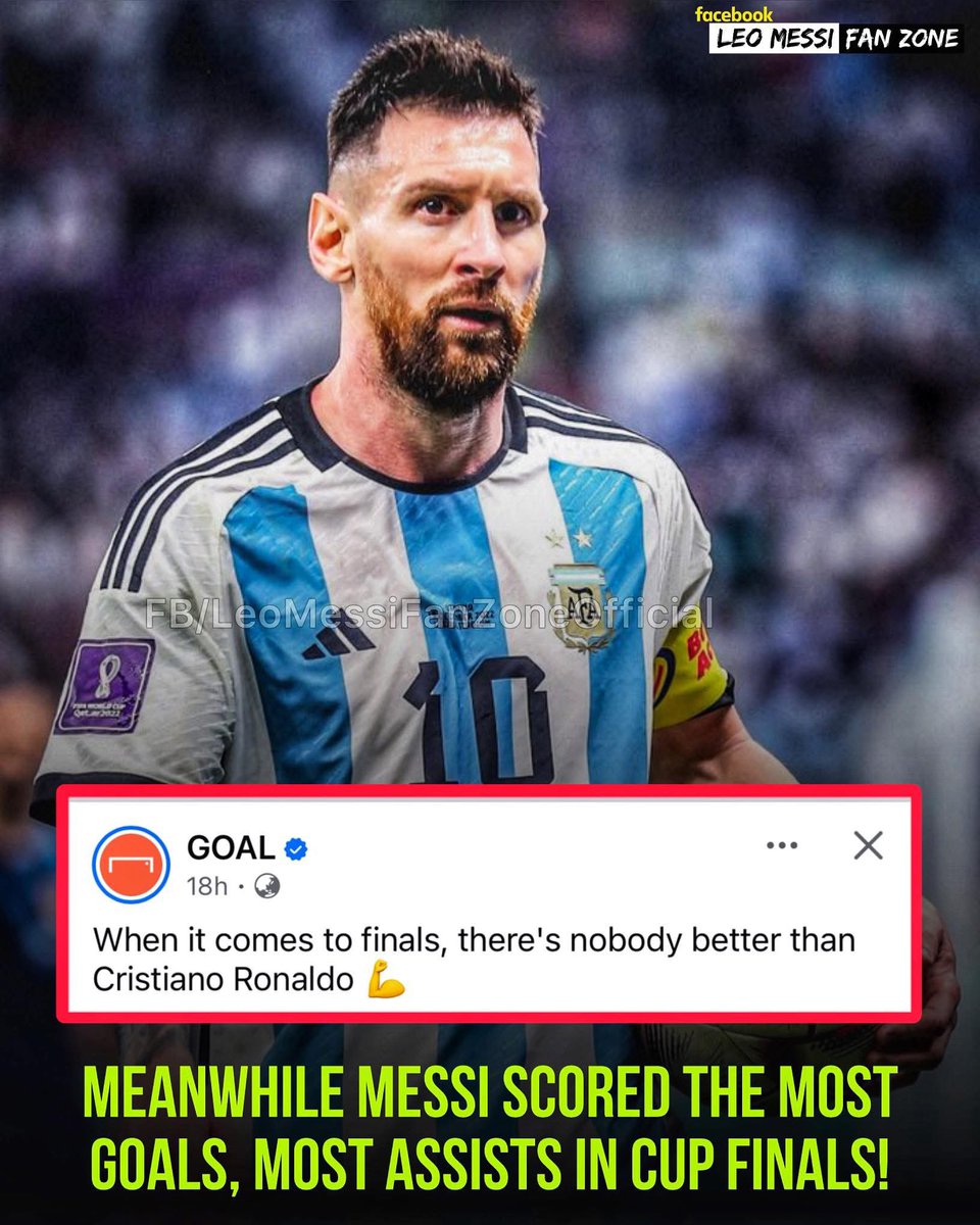 LeoMessiFanZone's tweet photo. ✅Most goals in the finals: (Messi)
✅Most assists in the finals: (Messi)
✅Most MOTM awards in the finals: (Messi)

🚨And the football media ‘GOAL’ posted: 

“When it comes to finals, there’s nobody better than Cristiano Ronaldo.” 😂😂😂￼

This is how media creates narrative against Lionel Messi. And guess who is called “Media Boy”. Oh man! Messi has to survive against all of these odds. Eventually he has rendered himself as the greatest of all time! 🇦🇷🔥🐐