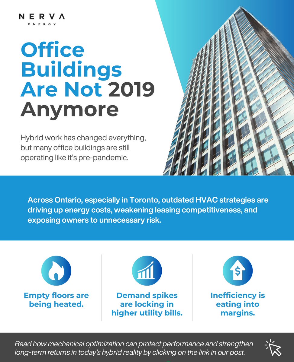 NervaEnergy's tweet photo. Hybrid work has permanently changed load patterns across Canada’s largest office market. Yet many HVAC systems still run on pre-2020 assumptions, conditioning partially occupied or vacant space at full intensity.

READ THE FULL ARTICLE NOW: https://t.co/fwCNjVN78G 
#canada https://t.co/1qHwbFrccV