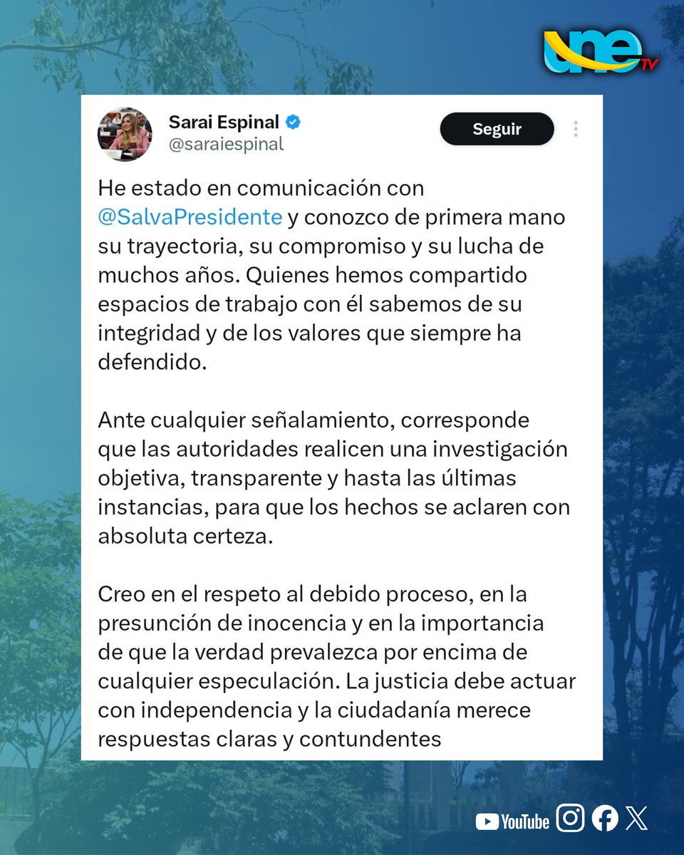 unetv_hn's tweet photo. Sarai Espinal pide investigación "objetiva" sobre señalamientos contra Salvador Nasralla

#Honduras | La diputada Sarai Espinal expresó su respaldo al expresidenciable liberal Salvador Nasralla y destacó su trayectoria, compromiso e integridad ante los recientes señalamientos en su contra.

Espinal sostuvo que las autoridades deben realizar una investigación "objetiva", transparente y exhaustiva para esclarecer los hechos. Asimismo, afirmó que el debido proceso y la presunción de inocencia deben prevalecer mientras se desarrollan las diligencias.