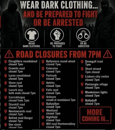 ArjenVDH's tweet photo. Dit soort berichten circuleren nu op sociale media en whatsappgroepen in Noord-Ierland na de brute steekpartij in Belfast. De politie zet zich schrap voor gewelddadige protesten. Busdiensten zijn geschrapt, culturele voorstellingen gaan vanavond niet door, bedrijven en winkels nemen extra veiligheidsmaatregelen. Helaas is dit een bekend tafereel voor een stad als Belfast.