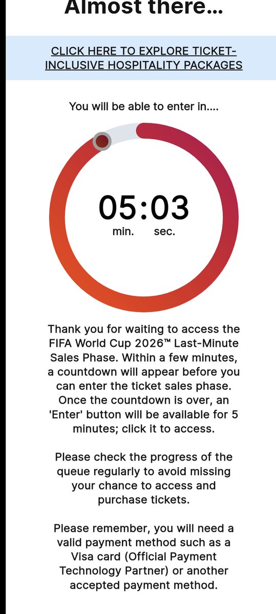 themoonsighting's tweet photo. There are roughly 170,000 unsold tickets- widely available on any ticket site. Yet if you go to the official FIFA ticket shop, you're greeted with a 10 minute timer before you can enter the shop giving the impression of high demand and long queues.
@FIFAcom is corrupt to the core https://t.co/wl3GKbcJZ9