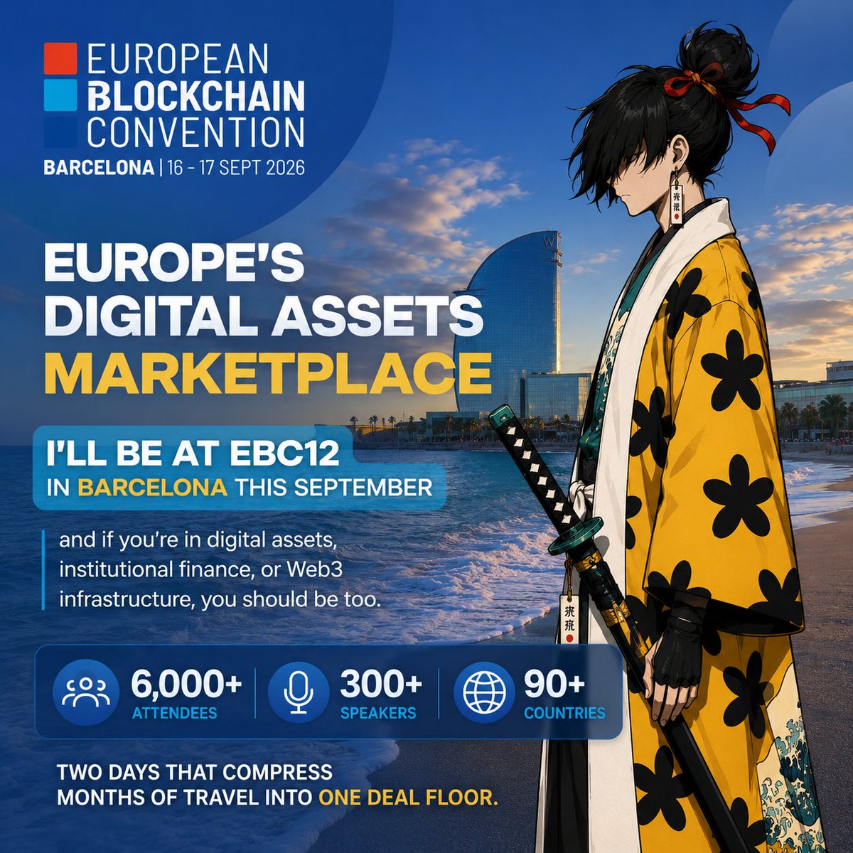 LongboardFamara's tweet photo. I'll be at EBC12 in Barcelona this September and if you're in digital assets, institutional finance, or Web3 infrastructure, you should be too.

6,000+ attendees. 300+ speakers. 90+ countries. 

Two days that compress months of travel into one deal floor.

Discount Code 15% below 👇👀 See you there!