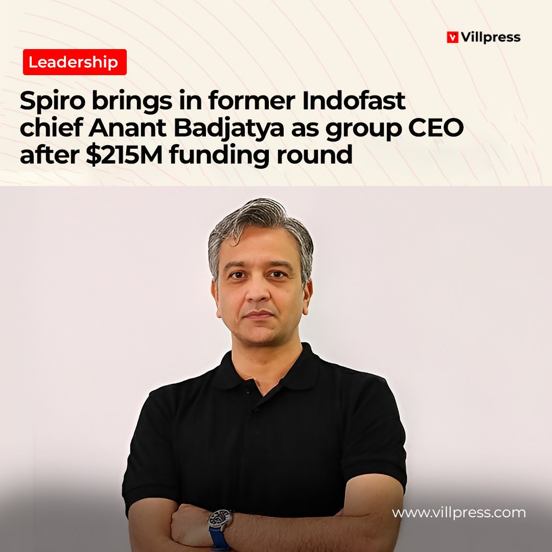 villpress's tweet photo. Anant Badjatya joins SPIRO from Indofast Energy as the new group CEO. His appointment comes just days after Spiro announced a $215 million equity raise

 Read the full story below👇
https://t.co/bPPFWEoz7V https://t.co/Q9AL3XhPPL