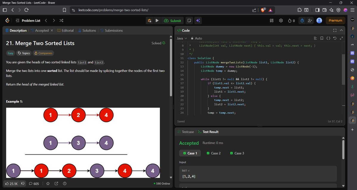 AdityaPawar71's tweet photo. Day 9/45 #SDESheetChallenge 🚀

✅ LC 206 - Reverse Linked List
✅ LC 876 - Middle of Linked List
✅ LC 21 - Merge Two Sorted Lists
Learned pointer manipulation, slow-fast pointers, and linked list merging.
@striver_79 @takeUforward_ 
#DSA #LeetCode https://t.co/4AYzug0ffs