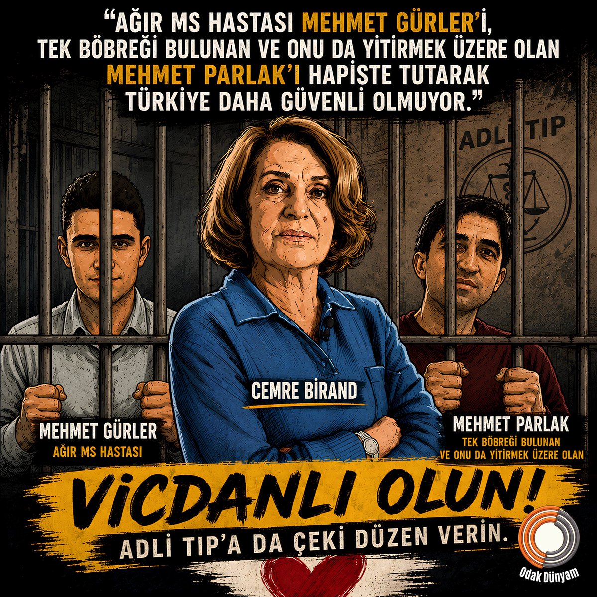odakdunyam's tweet photo. Cemre Birand’dan ‘vicdanlı olun’ çağrısı: “Ağır MS hastası Mehmet Gürler’i, tek böbreği bulunan ve onu da yitirmek üzere olan Mehmet Parlak’ı hapiste tutarak Türkiye daha güvenli olmuyor.
Vicdanlı olun! Adli Tıp’a da çeki düzen verin.”

@KAYIHANPALA

MehmetParlak Yaşasın https://t.co/nunJXyI7ew